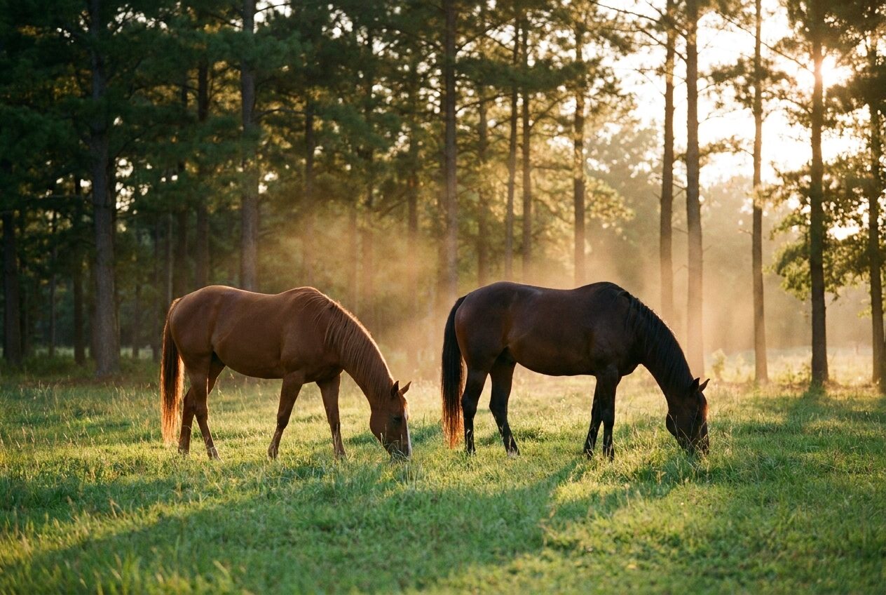 Two ranch horses grazing in a green Arkansas pasture at golden hour